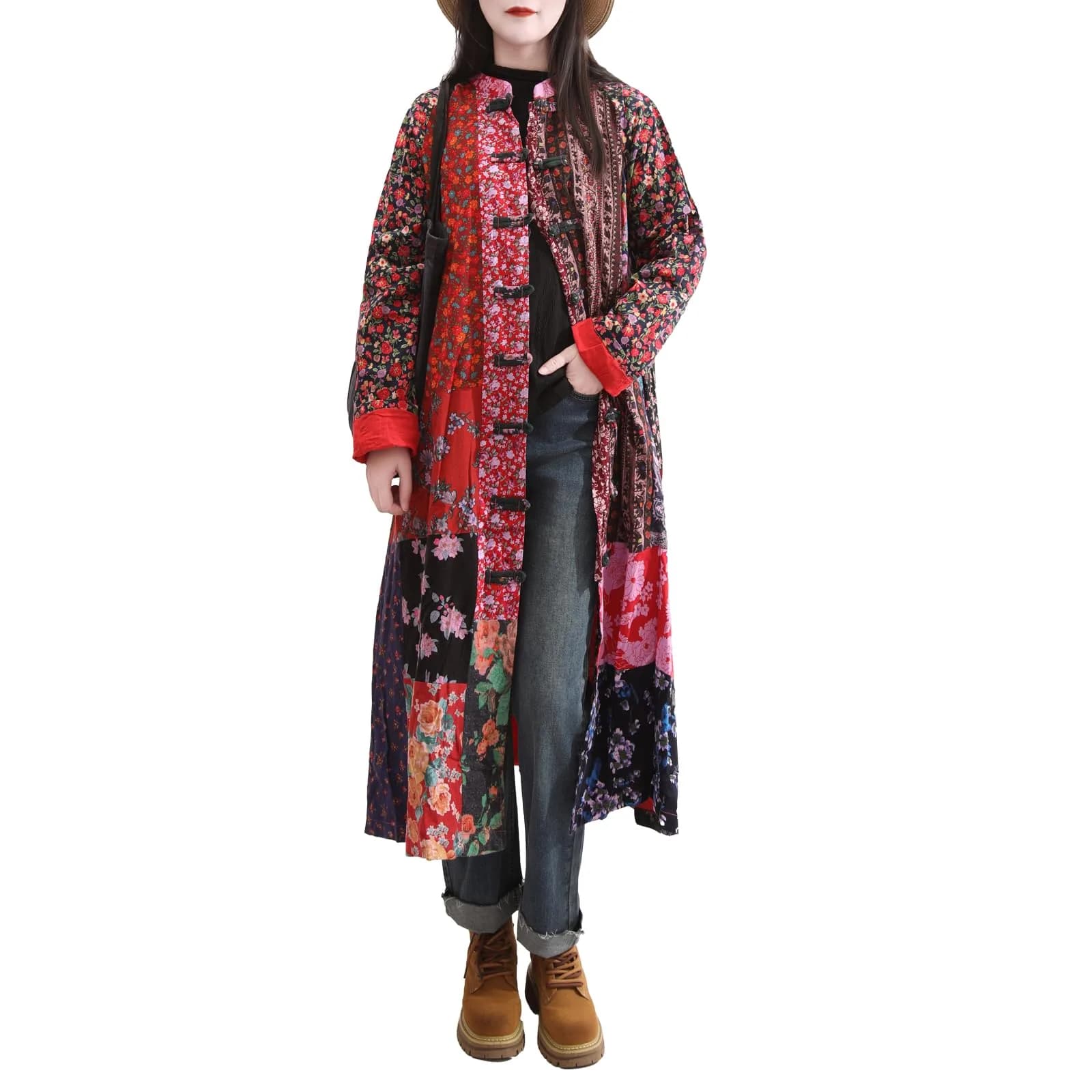 LUZU JUNU Women's Floral Patchwork Trench Coat | Bohemian Long Linen Cotton Jacket (X-Large) — Rose