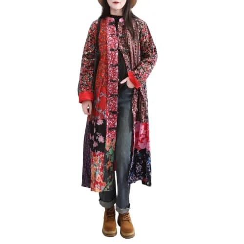 LUZU JUNU Women's Floral Patchwork Trench Coat | Bohemian Long Linen Cotton Jacket (X-Large) thumbnail 1