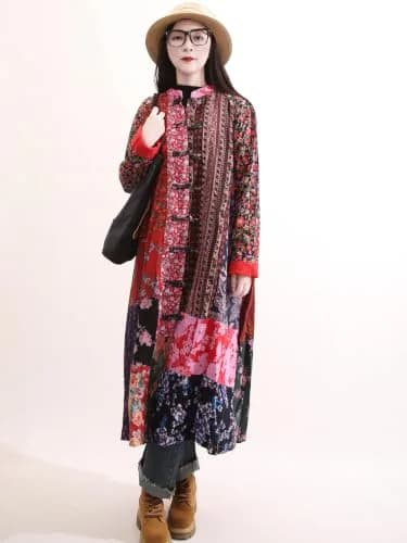 LUZU JUNU Women's Floral Patchwork Trench Coat | Bohemian Long Linen Cotton Jacket (X-Large) thumbnail 5