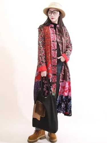 LUZU JUNU Women's Floral Patchwork Trench Coat | Bohemian Long Linen Cotton Jacket (X-Large) thumbnail 6