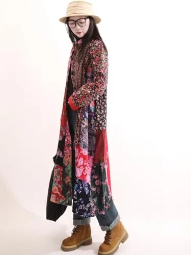 LUZU JUNU Women's Floral Patchwork Trench Coat | Bohemian Long Linen Cotton Jacket (X-Large) thumbnail 2