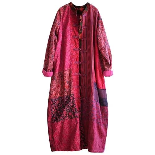 LUZU JUNU Women's Floral Patchwork Trench Coat | Bohemian Long Linen Cotton Jacket (X-Large) thumbnail 3
