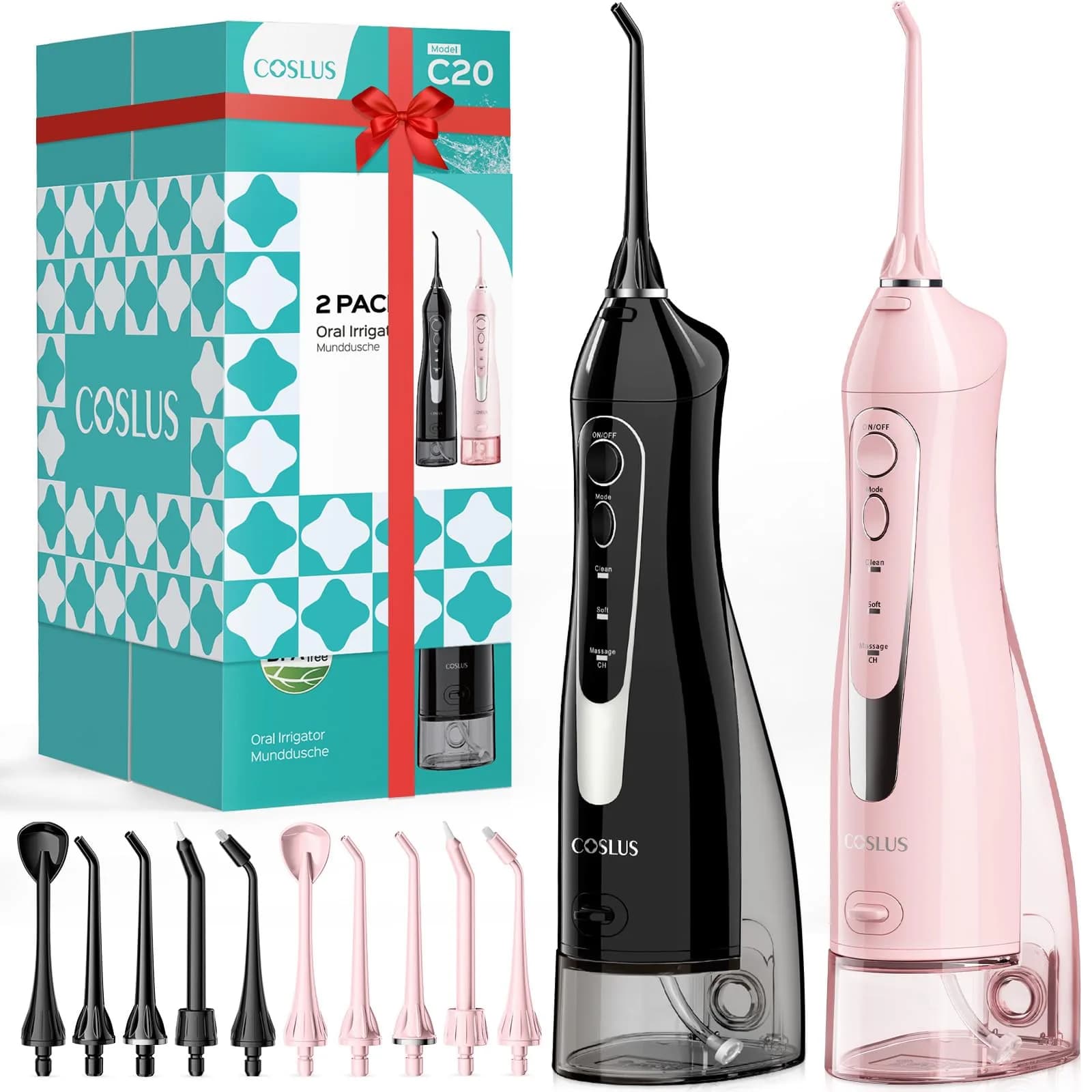 COSLUS C20 Water Dental Flosser 2-Pack 300ml Tank | ADA Accepted, Rechargeable, IPX7 Waterproof — Black&pink