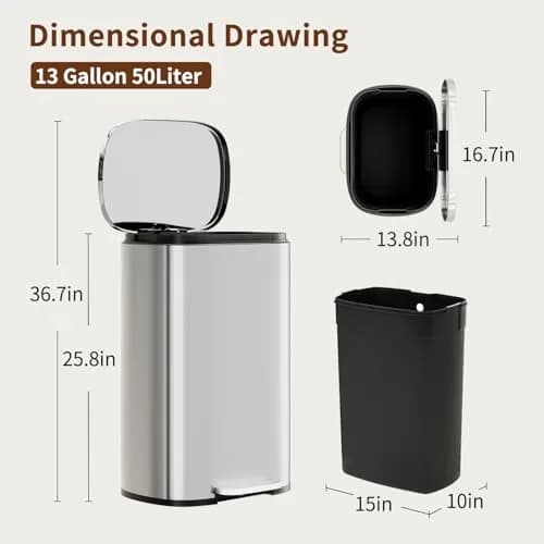 PayLessHere 13G Trash Can with Lid | Stainless Steel | Removable Inner Bucket for Kitchen & Office thumbnail 7