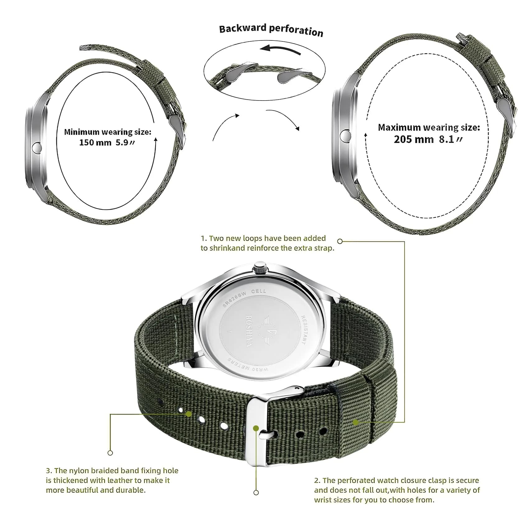 BOSHIYA Military Quartz Watch 40mm Case | Easy-Read Luminous Dial, Green Nylon Band - view 4