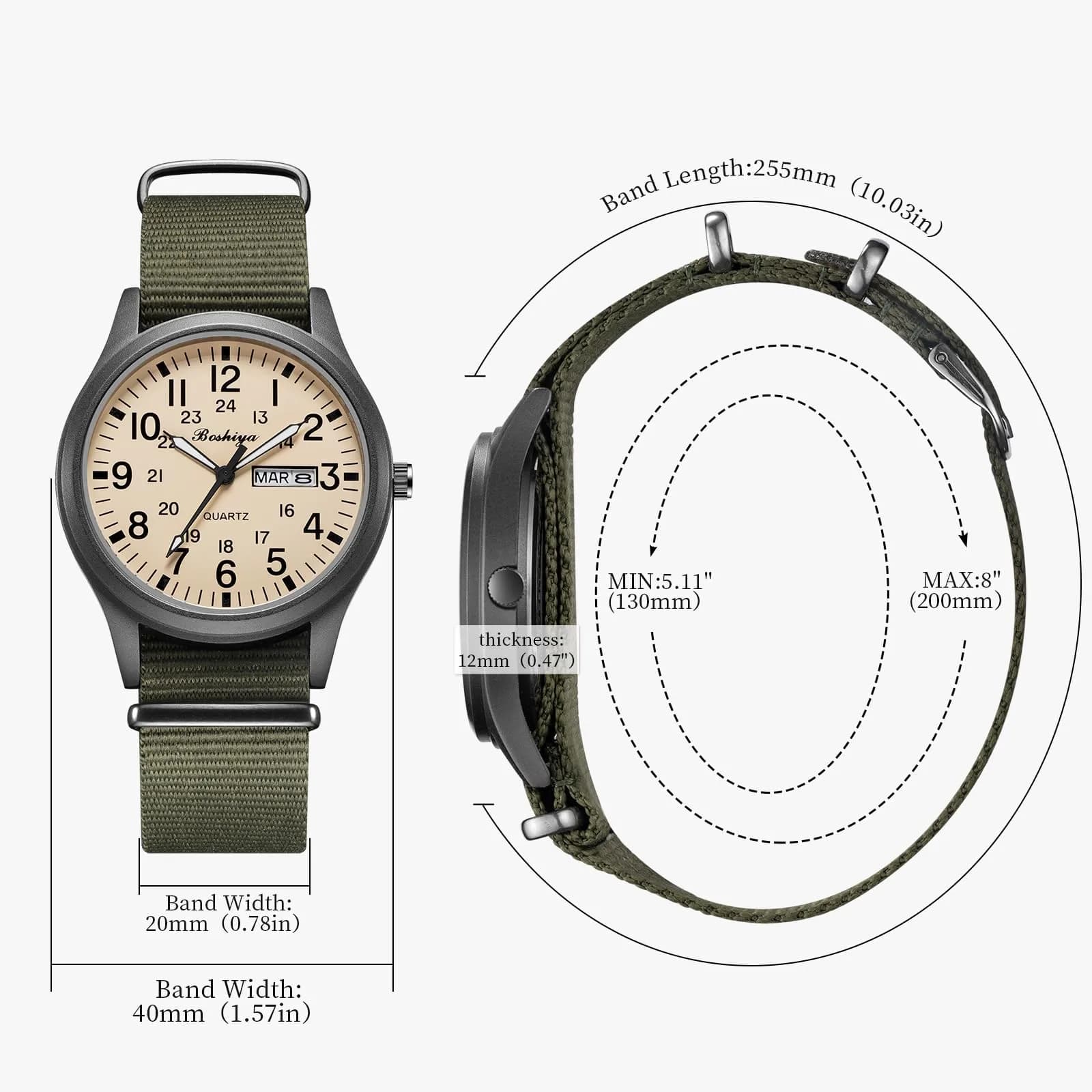 BOSHIYA Military Quartz Watch 40mm Case | Easy-Read Luminous Dial, Green Nylon Band - view 6