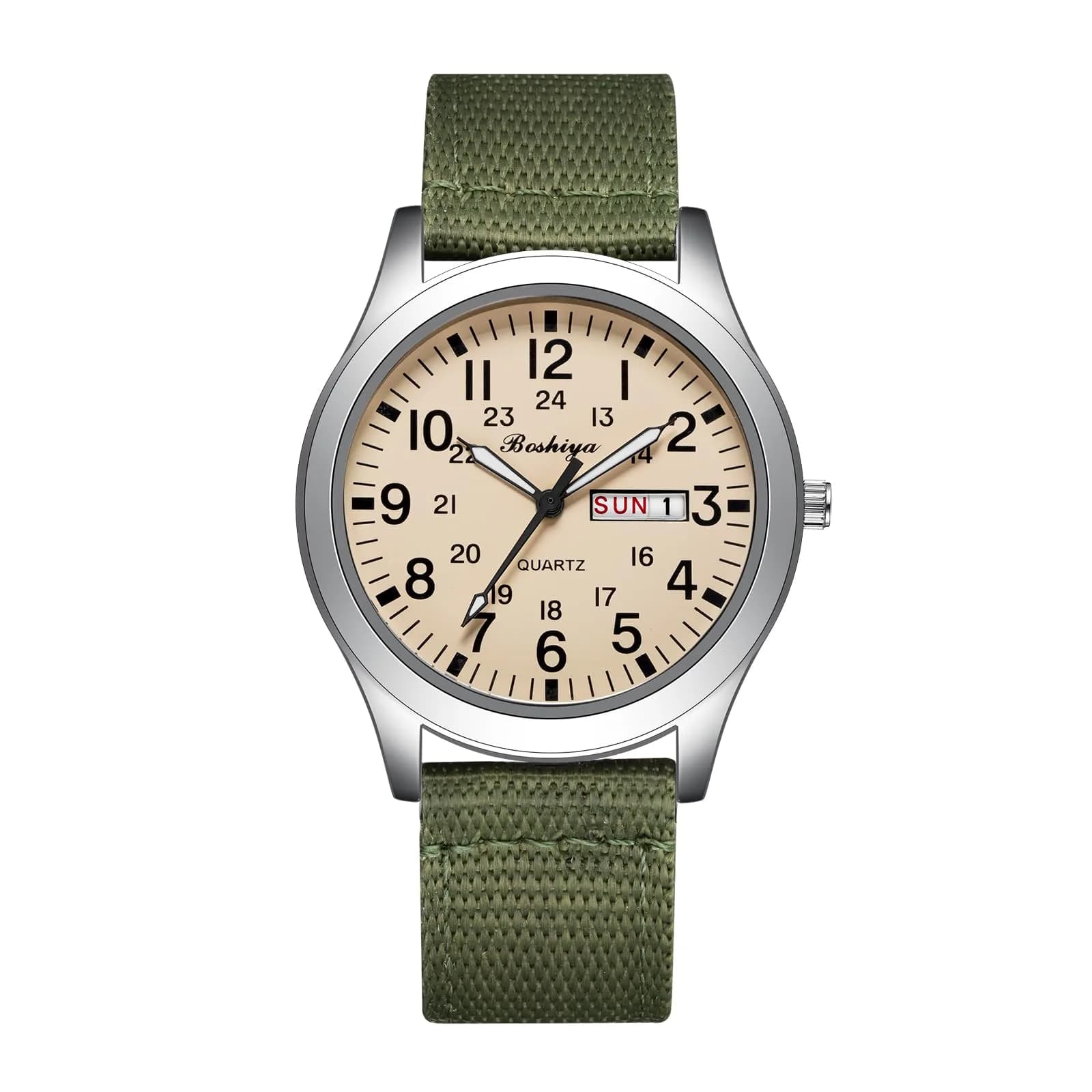 BOSHIYA Military Quartz Watch 40mm Case | Easy-Read Luminous Dial, Green Nylon Band - main product image