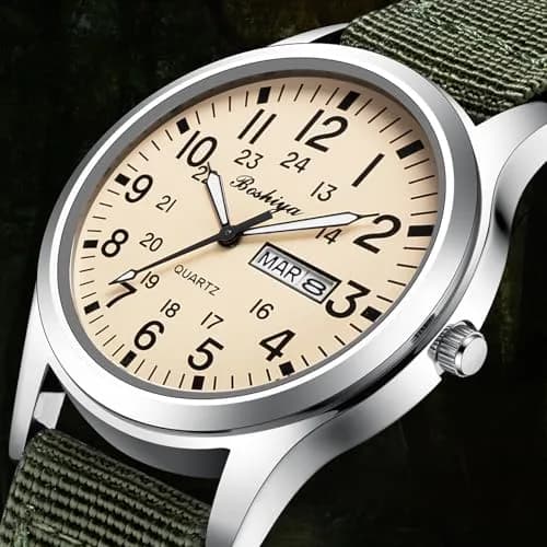 BOSHIYA Military Quartz Watch 40mm Case | Easy-Read Luminous Dial, Green Nylon Band thumbnail 2