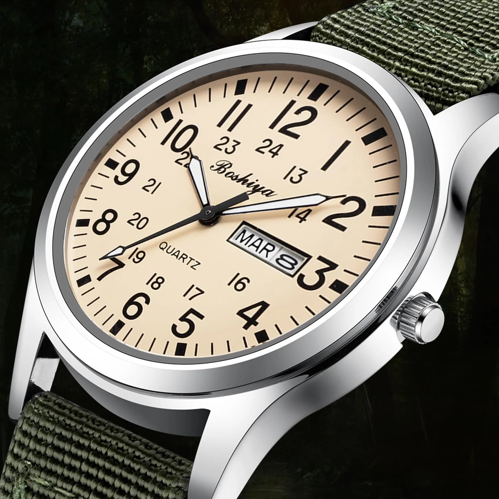 BOSHIYA Military Quartz Watch 40mm Case | Easy-Read Luminous Dial, Green Nylon Band - view 2