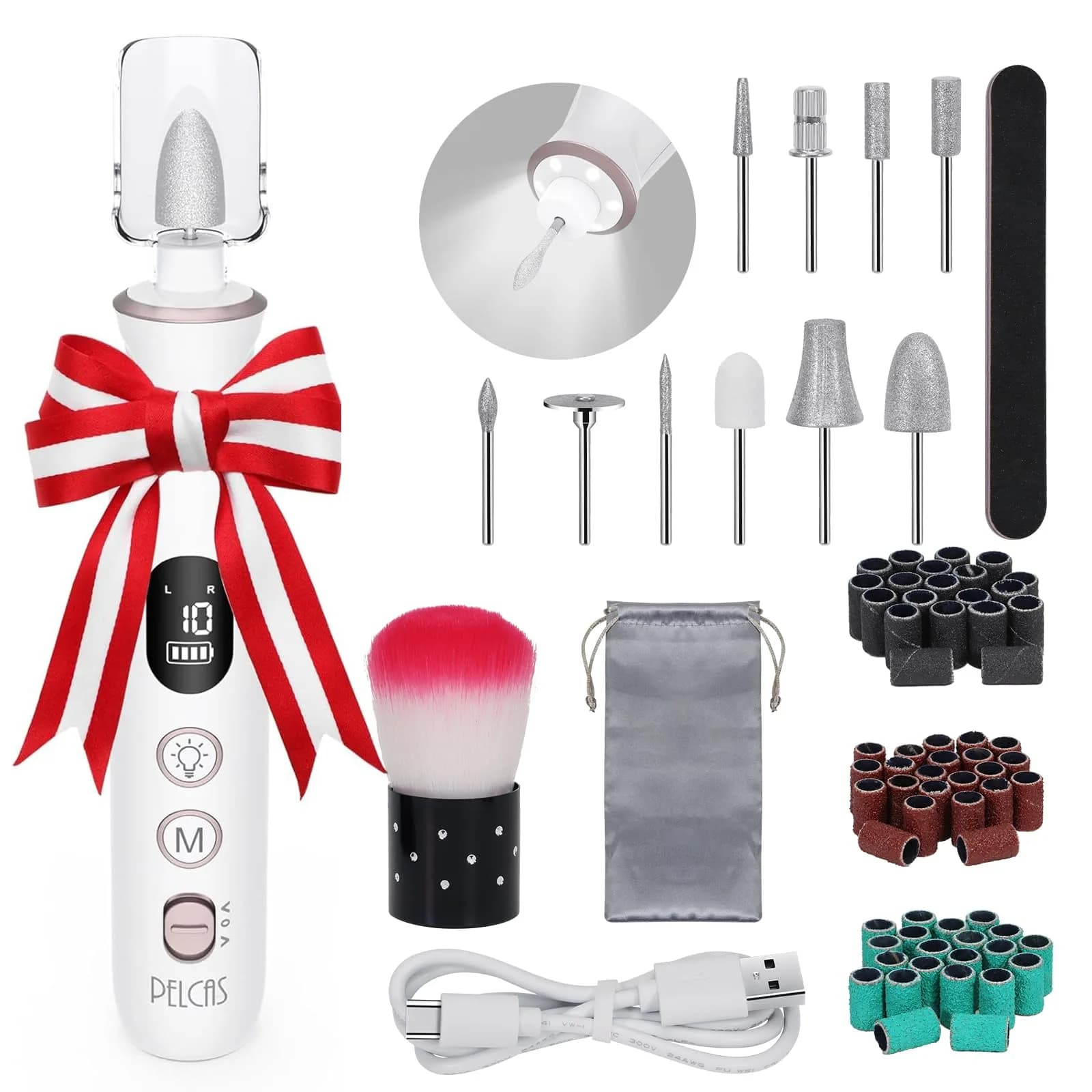 PELCAS Cordless Electric Nail Drill with LED Light - Portable Manicure & Pedicure Kit (White, 5-Hour Battery) - main product image