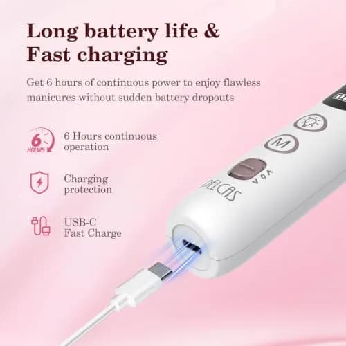 PELCAS Cordless Electric Nail File 6.5" (16.5cm) with LED Light | 10 Speeds, 5-Hour Battery thumbnail 5