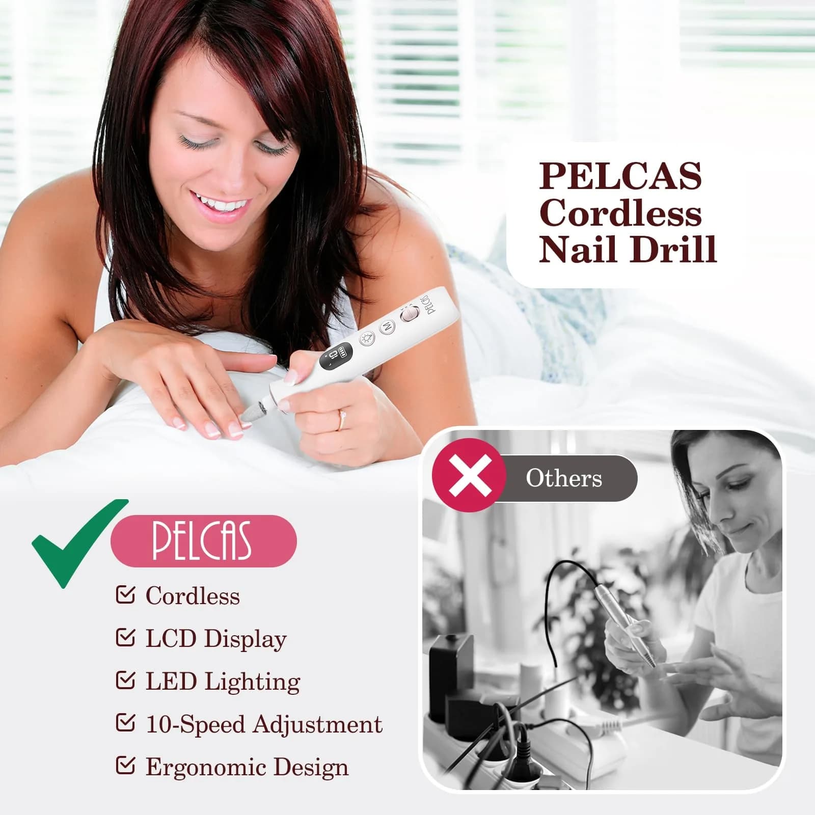PELCAS Cordless Electric Nail Drill with LED Light - Portable Manicure & Pedicure Kit (White, 5-Hour Battery) - view 3