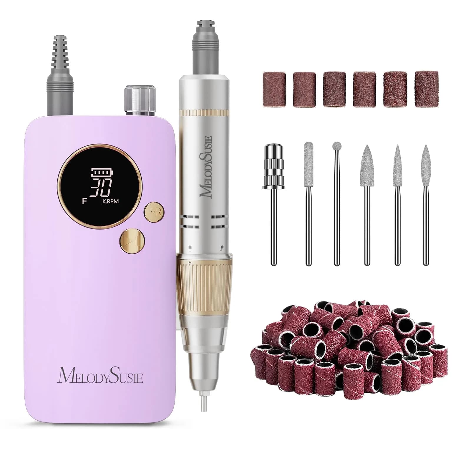 MelodySusie SC320F Rechargeable Nail Drill 30000RPM | Pastel Lily Lavender Clip-On E-File — Purple