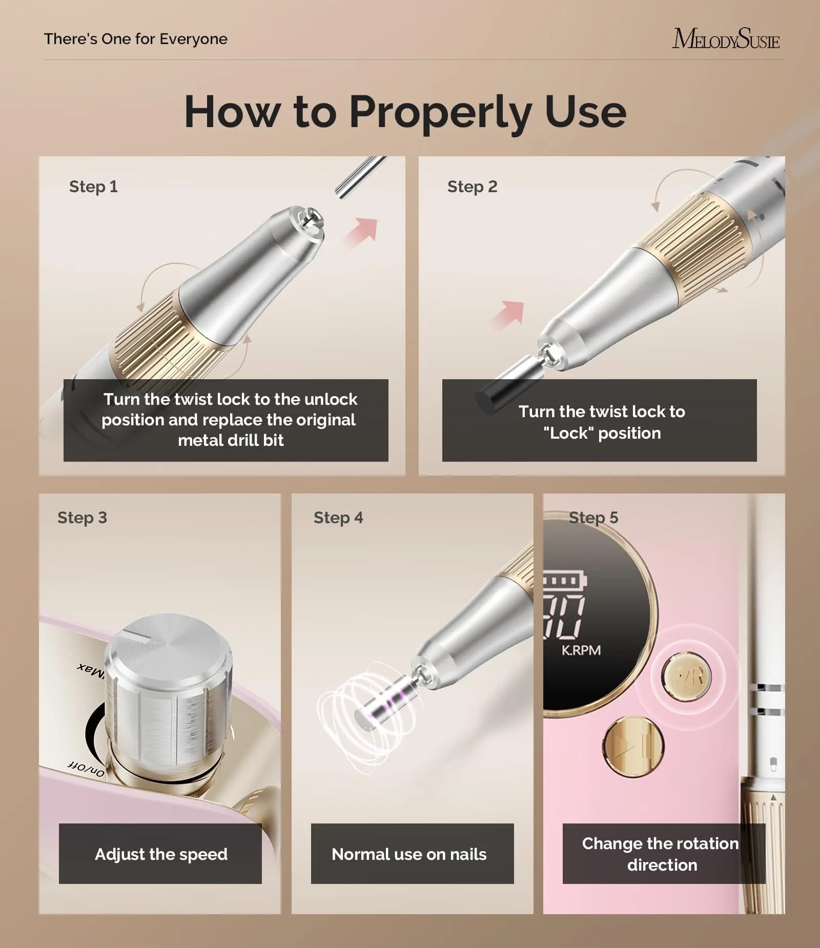MelodySusie SC320F Rechargeable Clip-On Nail Drill 30000RPM | Pastel Pink Design for Manicure Shaping - view 5