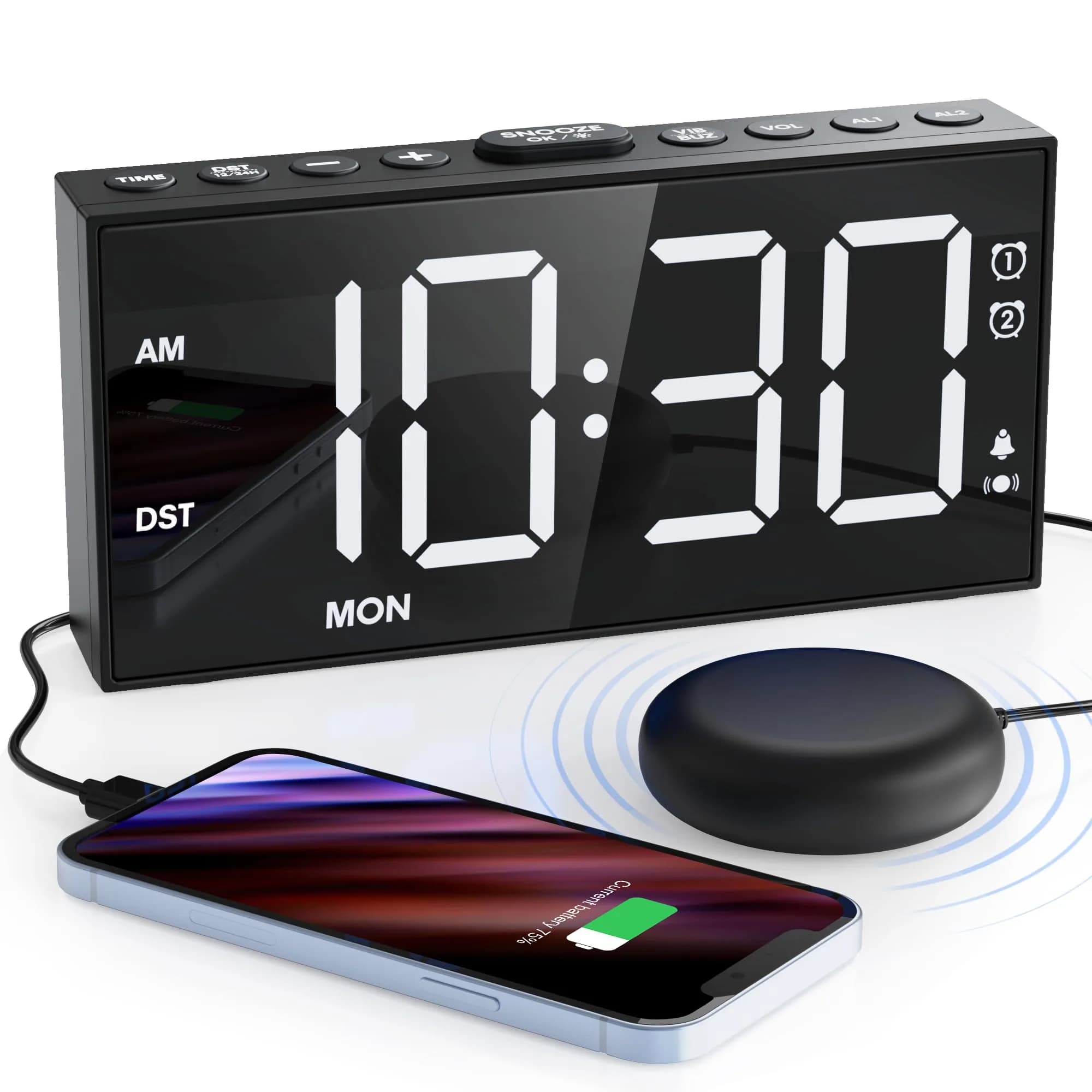 Mesqool Loud Alarm Clock with Bed Shaker & Dual Alarms, USB Port | 17.3cm (6.8") Modern White Digital Display - main product image