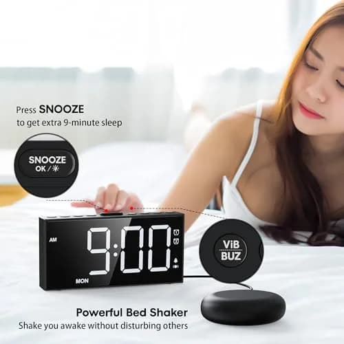 Mesqool Loud Alarm Clock with Bed Shaker & Dual Alarms, USB Port | 17.3cm (6.8") Modern White Digital Display thumbnail 4