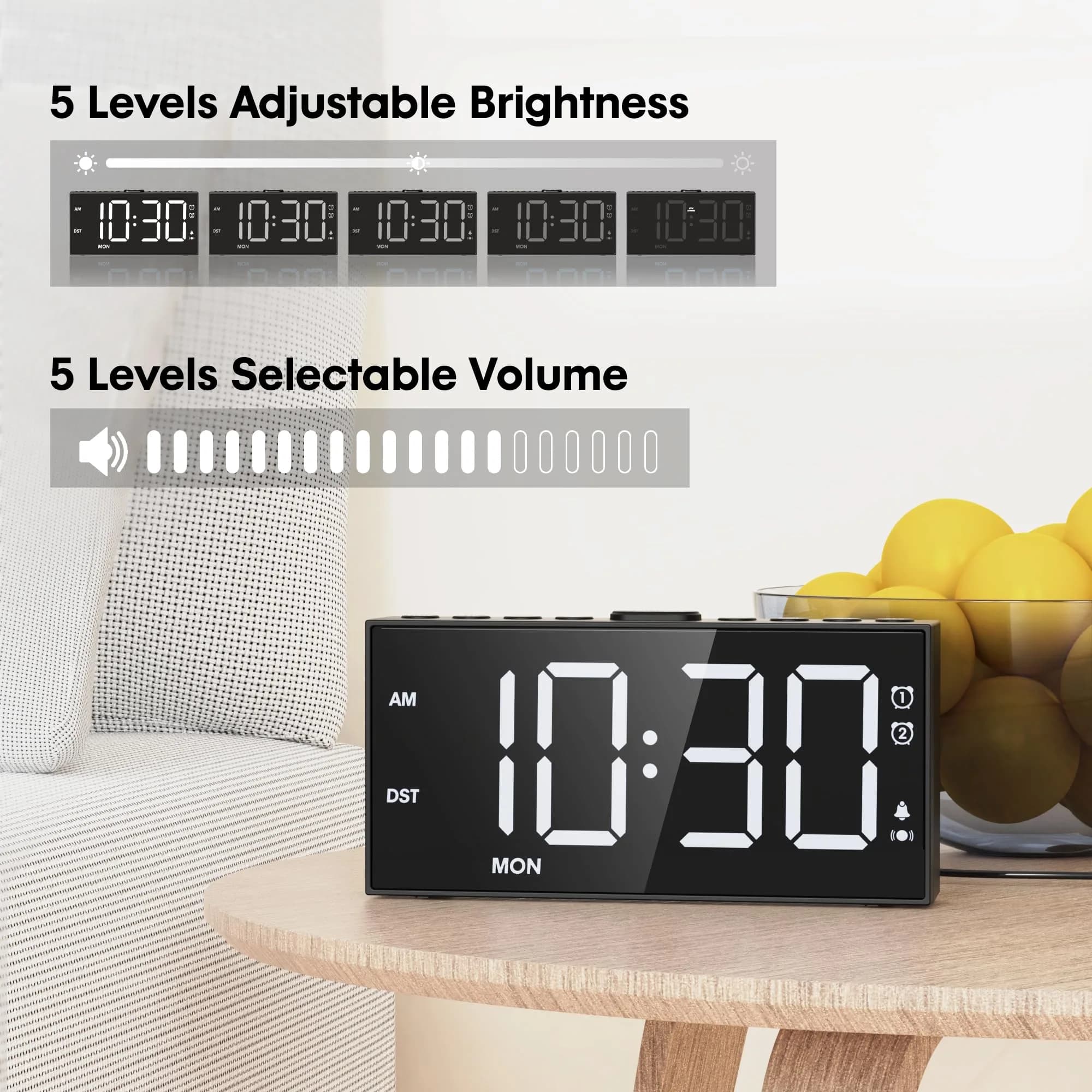 Mesqool Loud Alarm Clock with Bed Shaker & Dual Alarms, USB Port | 17.3cm (6.8") Modern White Digital Display - view 5