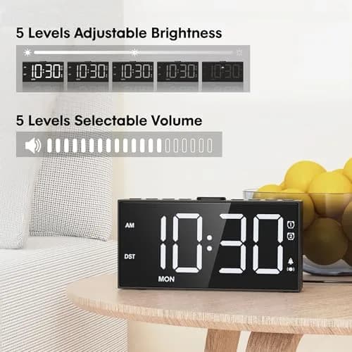 Mesqool Loud Alarm Clock with Bed Shaker & Dual Alarms, USB Port | 17.3cm (6.8") Modern White Digital Display thumbnail 5