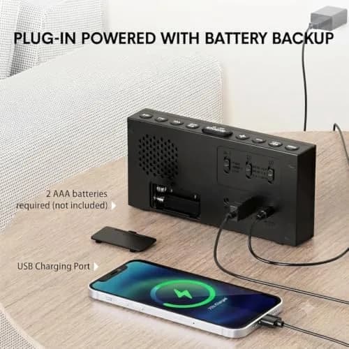 Mesqool Loud Alarm Clock with Bed Shaker & Dual Alarms, USB Port | 17.3cm (6.8") Modern White Digital Display thumbnail 6