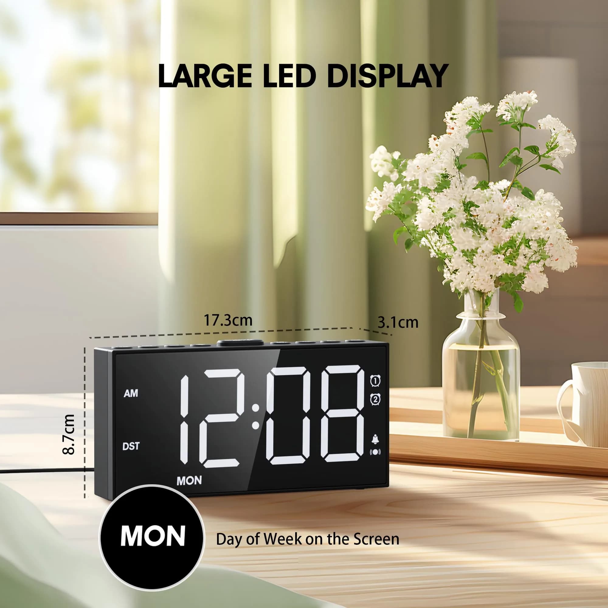 Mesqool Loud Alarm Clock with Bed Shaker & Dual Alarms, USB Port | 17.3cm (6.8") Modern White Digital Display - view 7