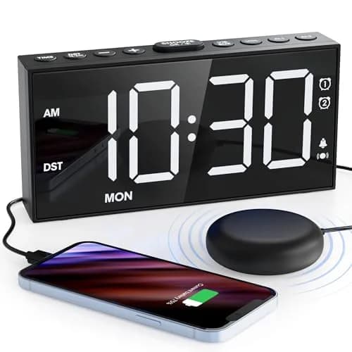 Mesqool Loud Alarm Clock with Bed Shaker & Dual Alarms, USB Port | 17.3cm (6.8") Modern White Digital Display thumbnail 1