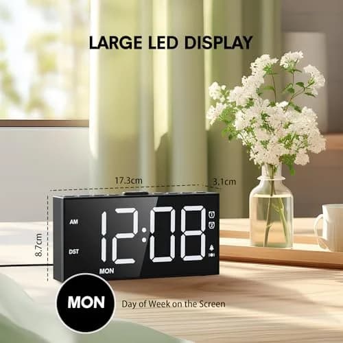 Mesqool Loud Alarm Clock with Bed Shaker & Dual Alarms, USB Port | 17.3cm (6.8") Modern White Digital Display thumbnail 7
