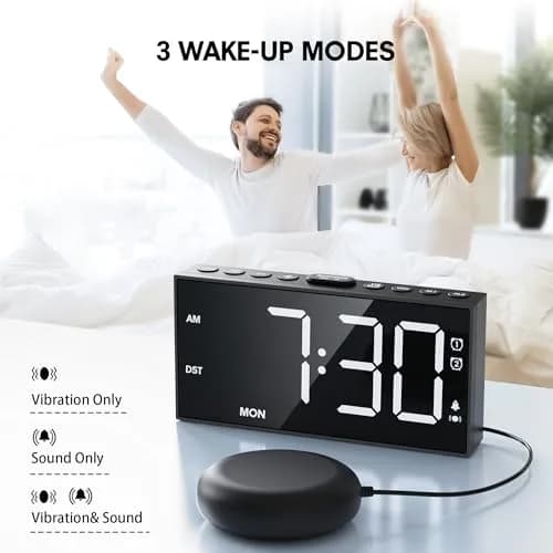 Mesqool Loud Alarm Clock with Bed Shaker & Dual Alarms, USB Port | 17.3cm (6.8") Modern White Digital Display thumbnail 2