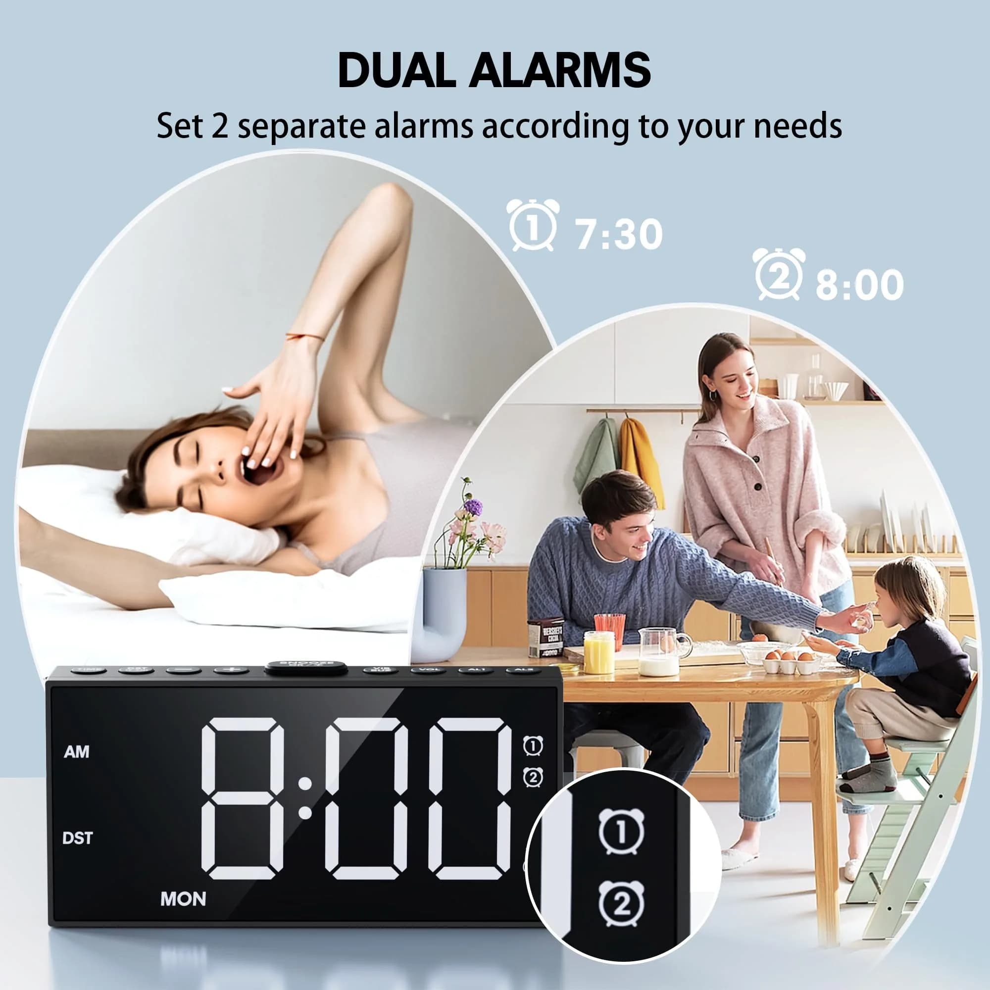 Mesqool Loud Alarm Clock with Bed Shaker & Dual Alarms, USB Port | 17.3cm (6.8") Modern White Digital Display - view 3