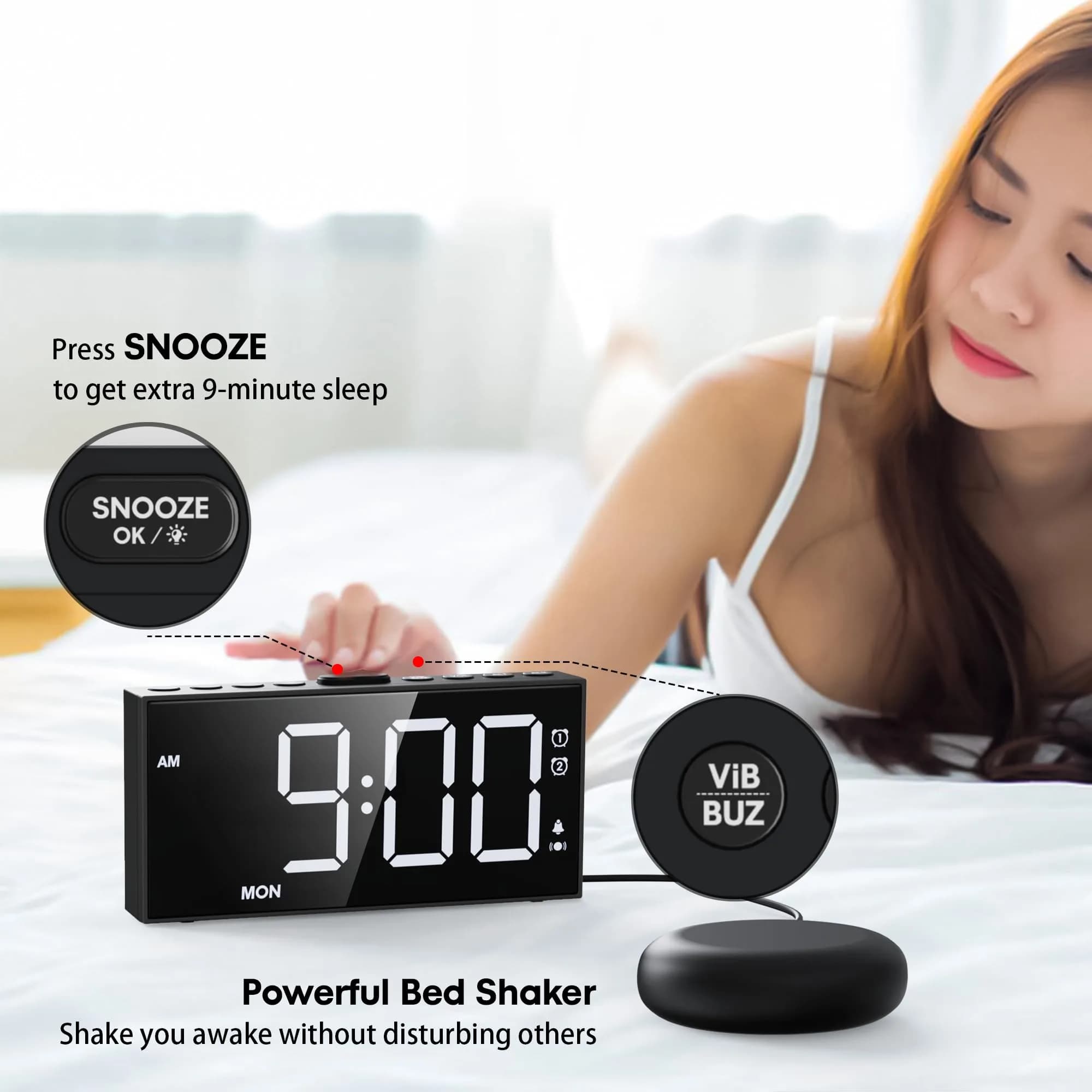 Mesqool Loud Alarm Clock with Bed Shaker & Dual Alarms, USB Port | 17.3cm (6.8") Modern White Digital Display - view 4
