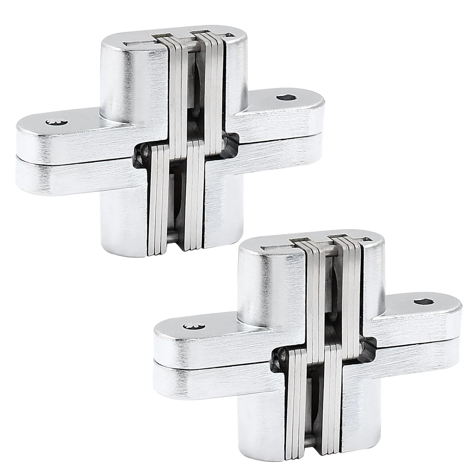 Rierdge Hidden Gate Hinge 2-3/8" Stainless Steel | 180° Invisible Cross Hinge for Frameless Cabinets — Silver