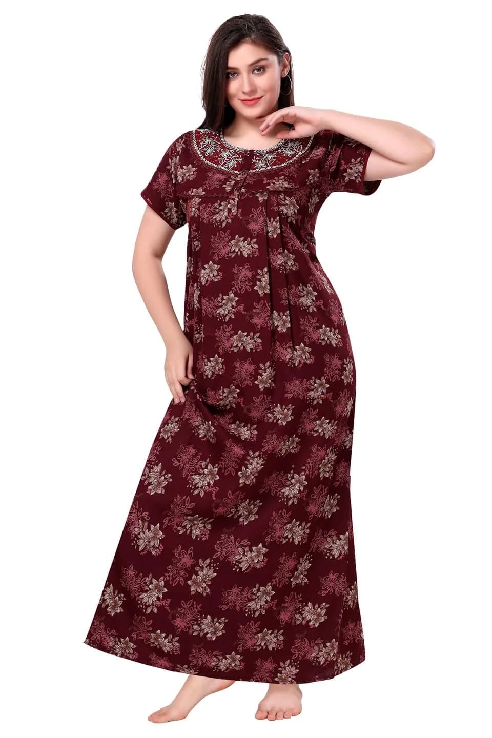 Soulemo Women's Alpine Nighty - M (Bust 42) Maroon Floral Print | Full Length Short Sleeve Button Down — Maroon 330