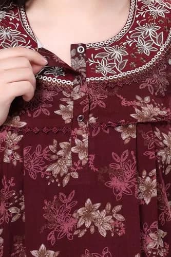 Soulemo Women's Alpine Nighty - M (Bust 42) Maroon Floral Print | Full Length Short Sleeve Button Down thumbnail 4