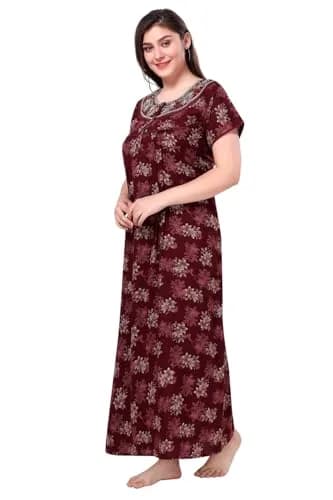 Soulemo Women's Alpine Nighty - M (Bust 42) Maroon Floral Print | Full Length Short Sleeve Button Down thumbnail 6