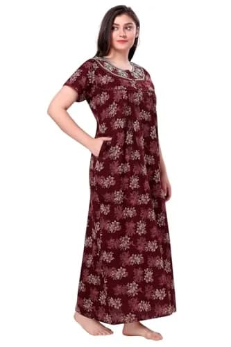 Soulemo Women's Alpine Nighty - M (Bust 42) Maroon Floral Print | Full Length Short Sleeve Button Down thumbnail 7