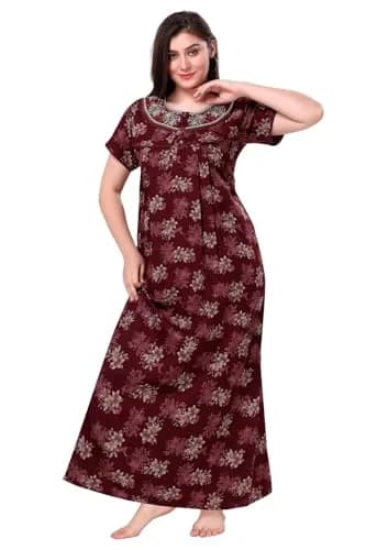 Soulemo Women's Alpine Nighty - M (Bust 42) Maroon Floral Print | Full Length Short Sleeve Button Down thumbnail 1