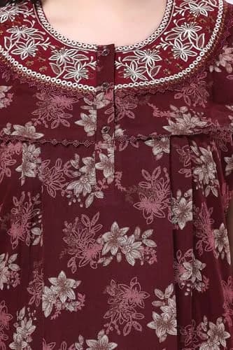 Soulemo Women's Alpine Nighty - M (Bust 42) Maroon Floral Print | Full Length Short Sleeve Button Down thumbnail 8