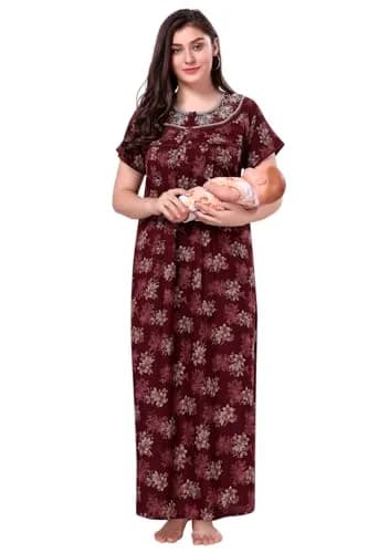 Soulemo Women's Alpine Nighty - M (Bust 42) Maroon Floral Print | Full Length Short Sleeve Button Down thumbnail 9
