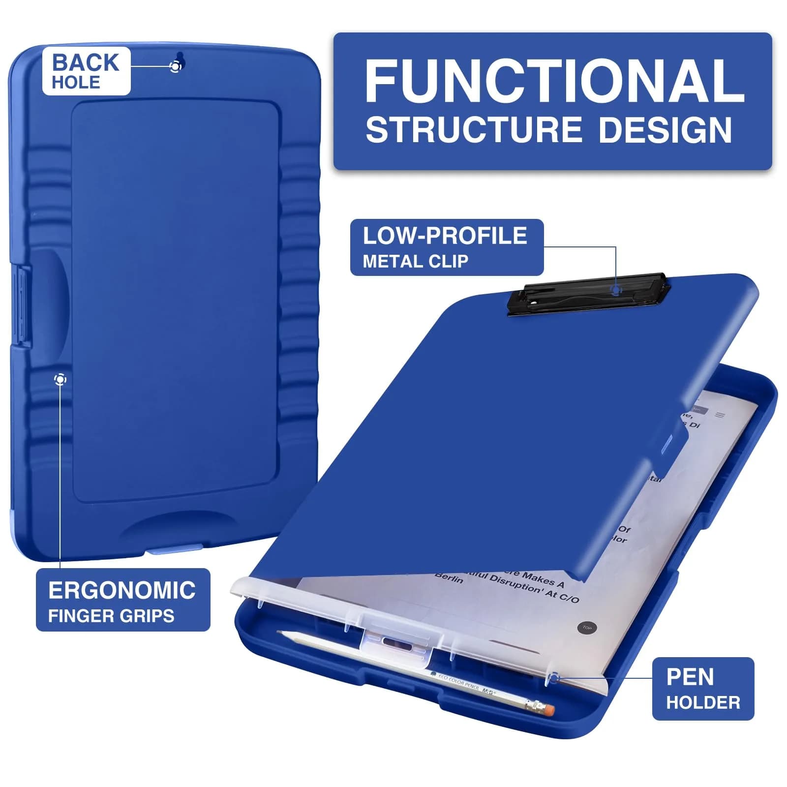 Sooez Storage Clipboard Dark Blue With Black Clip 8.5x11 Inch | High Capacity Organizer for Students & Professionals - view 3