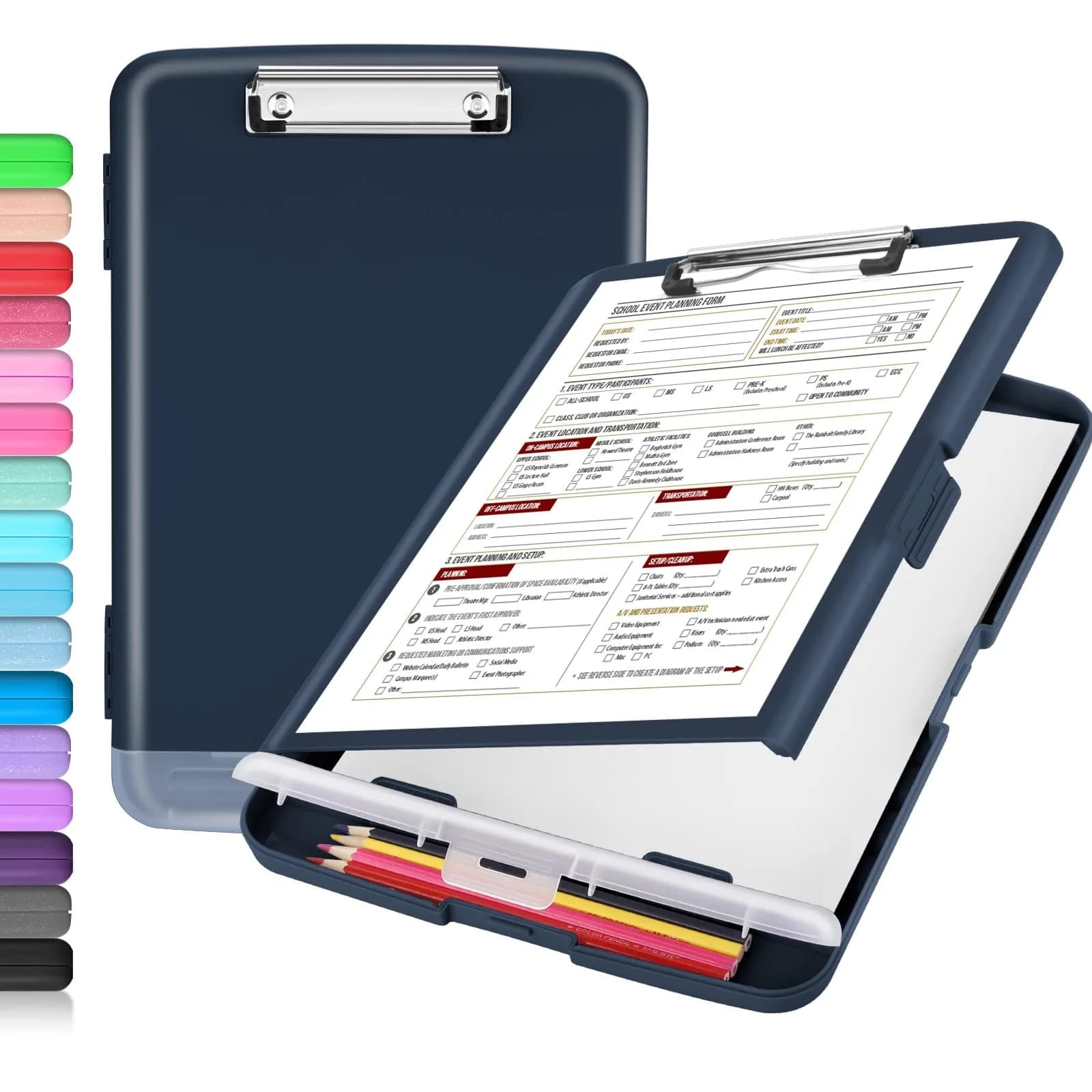 Sooez Clipboard with Storage, Clip Board 8.5 x 11 with Pen Holder, Plastic Organization Case Box for Letter Legal A4 Size Paper, Low Profile Clip, Nurses Teachers Must Haves, School & Office Supplies (Dark Blue) - main product image