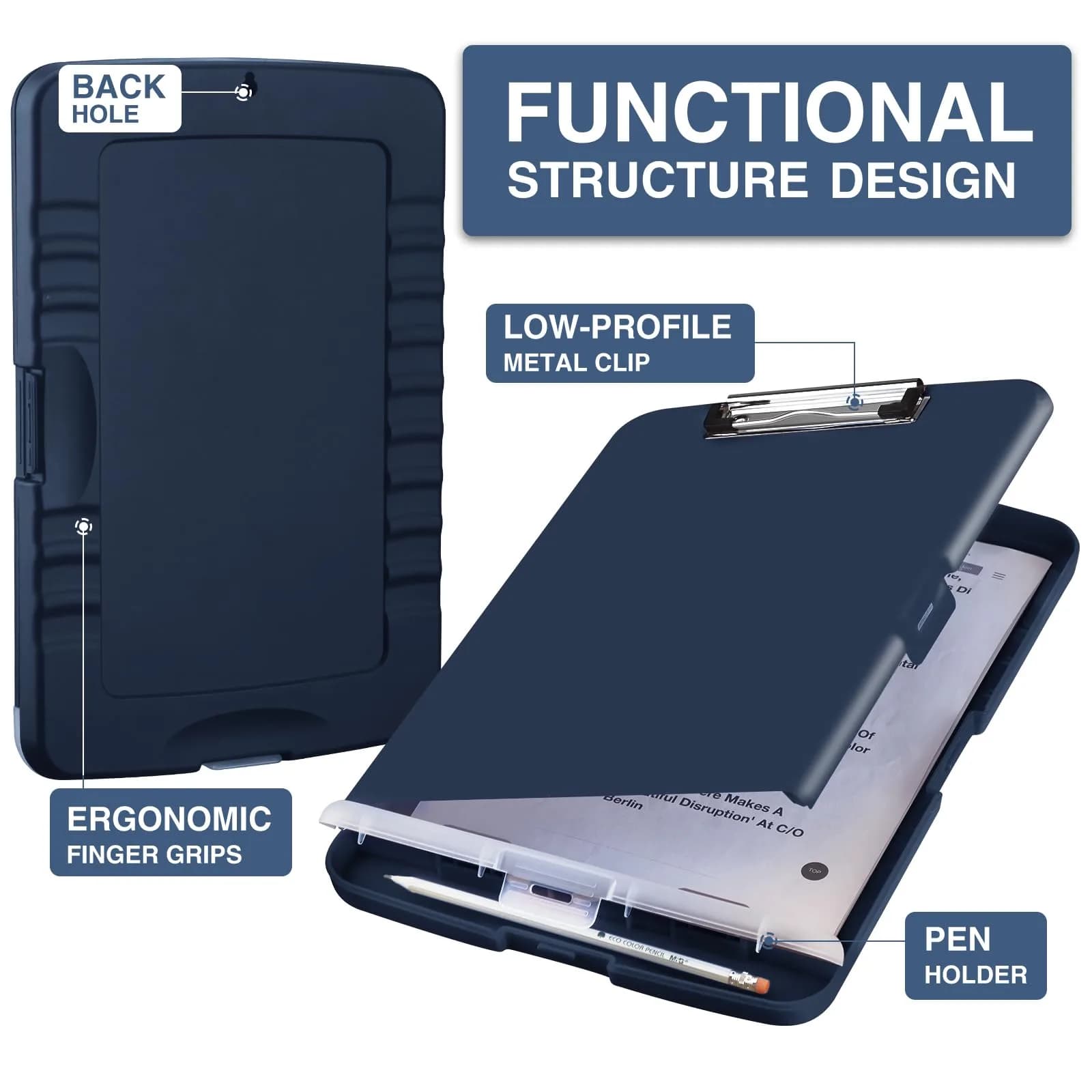 Sooez Clipboard with Storage, Clip Board 8.5 x 11 with Pen Holder, Plastic Organization Case Box for Letter Legal A4 Size Paper, Low Profile Clip, Nurses Teachers Must Haves, School & Office Supplies (Dark Blue) - view 2