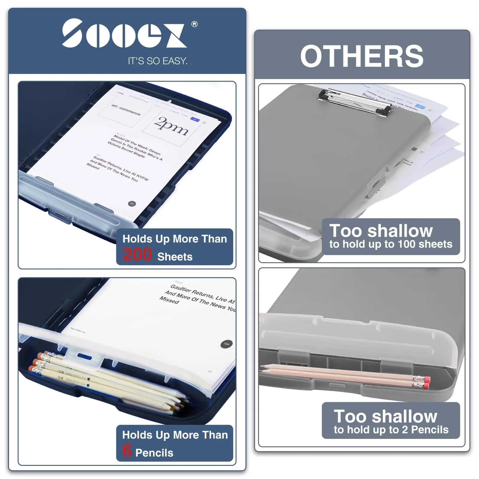 Sooez Clipboard with Storage, Clip Board 8.5 x 11 with Pen Holder, Plastic Organization Case Box for Letter Legal A4 Size Paper, Low Profile Clip, Nurses Teachers Must Haves, School & Office Supplies (Dark Blue) - view 3