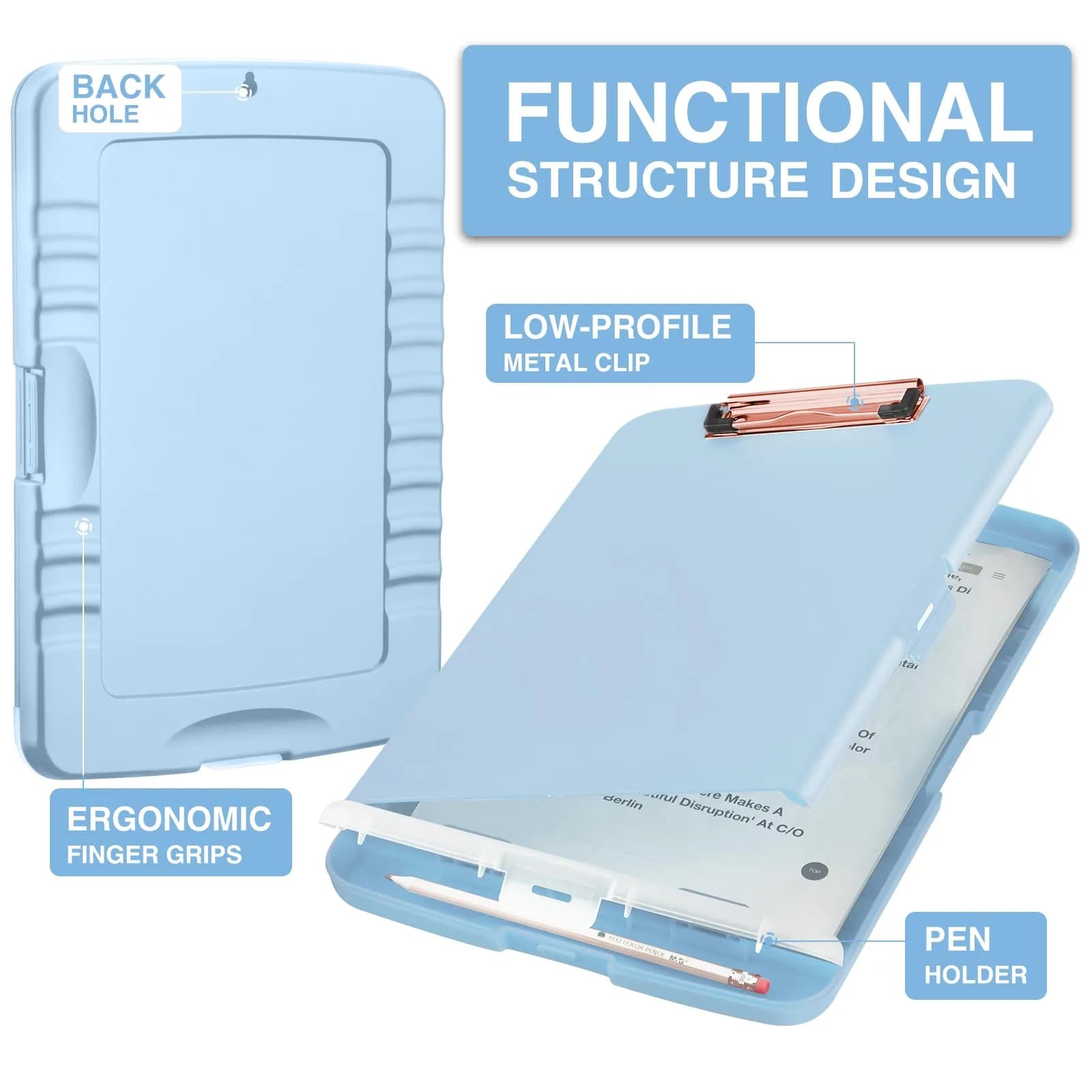 Sooez Storage Clipboard Baby Blue With Rose Gold Clip 36.8 cm (14.5 in) | High Capacity Paper Organizer - view 2