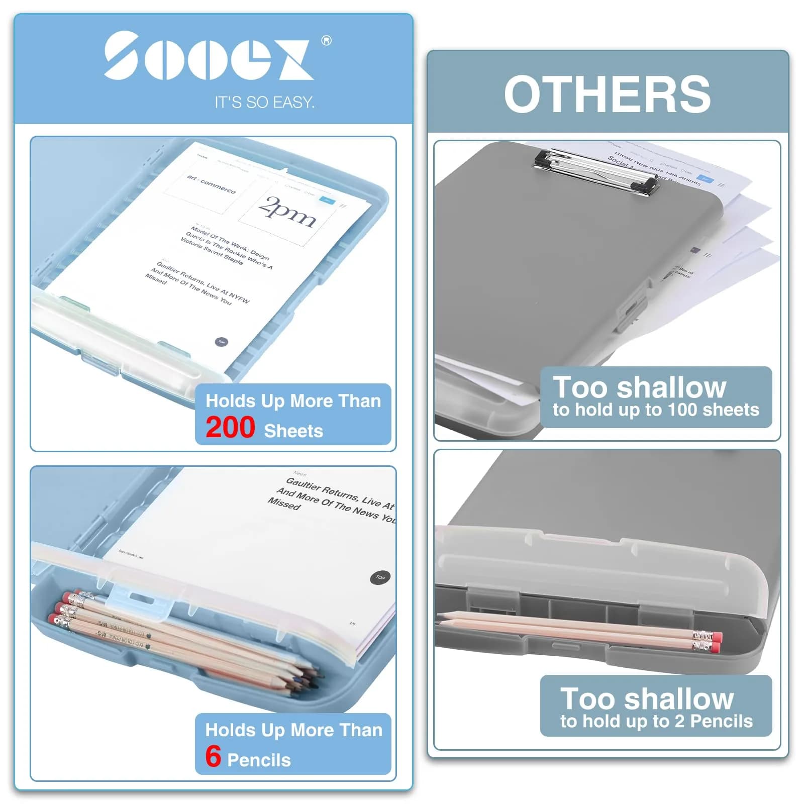 Sooez Storage Clipboard Baby Blue With Rose Gold Clip 36.8 cm (14.5 in) | High Capacity Paper Organizer - view 3
