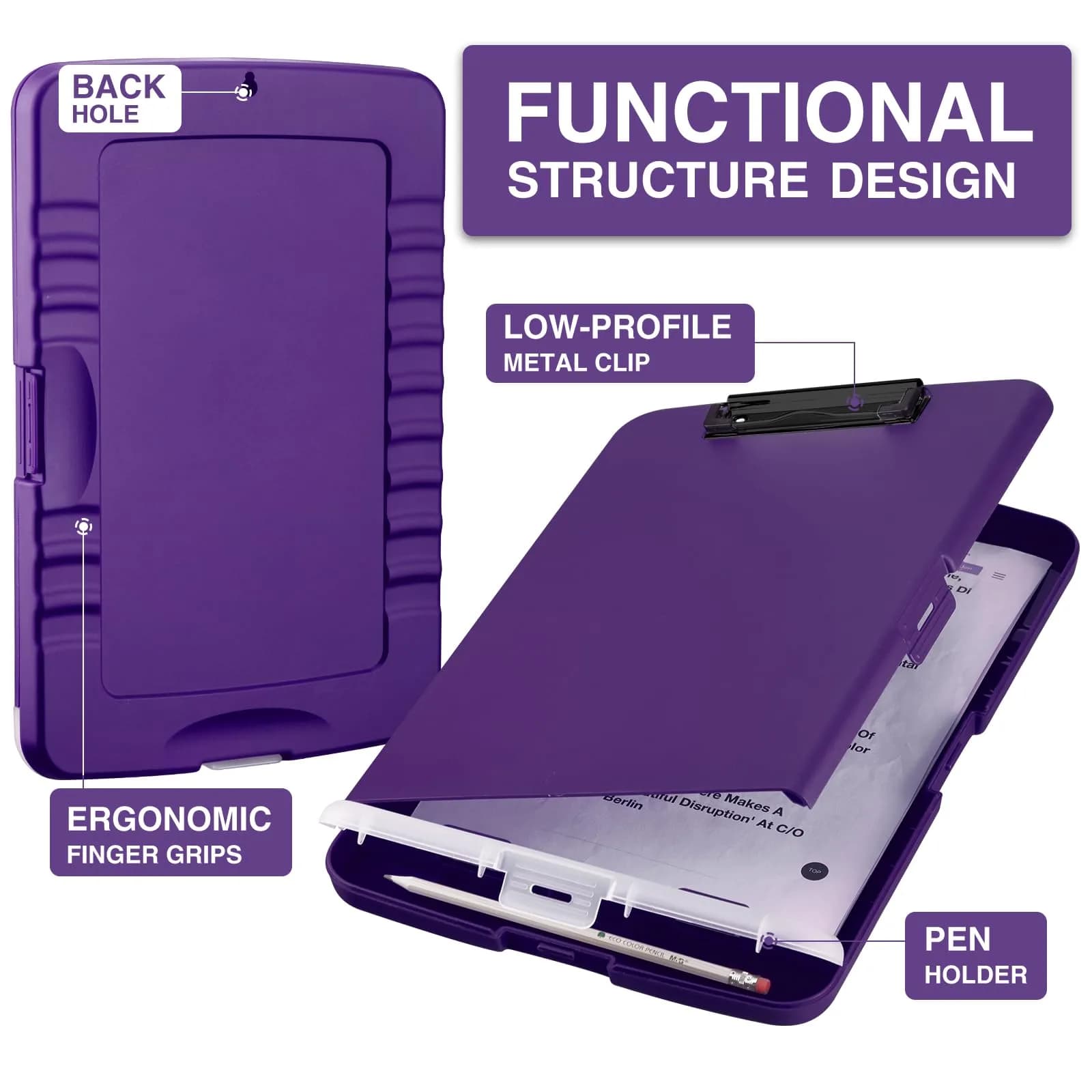Sooez Storage Clipboard with Pen Holder, Dark Purple, 8.5x11 Inch | High Capacity for Students & Professionals - view 2