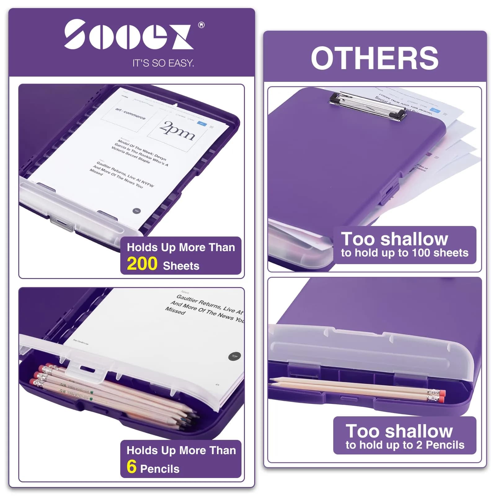 Sooez Storage Clipboard with Pen Holder, Dark Purple, 8.5x11 Inch | High Capacity for Students & Professionals - view 3