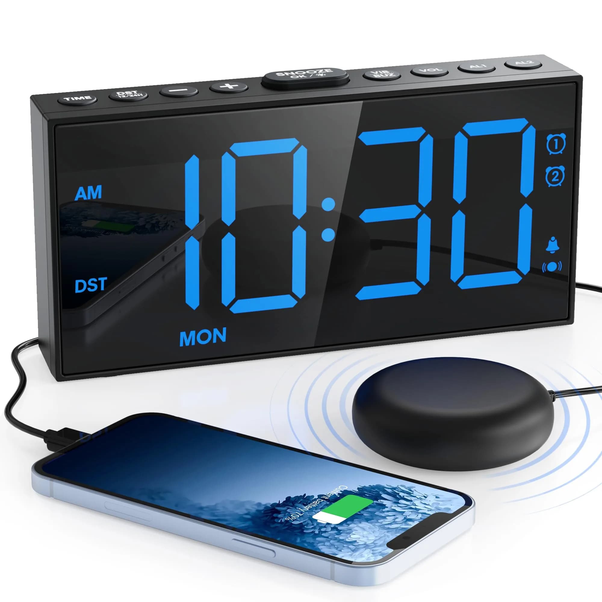 Mesqool Loud Alarm Clock with Bed Shaker & Dual Alarms, USB Port | 18.2 cm (7.5 inch) Display, Battery Backup - main product image