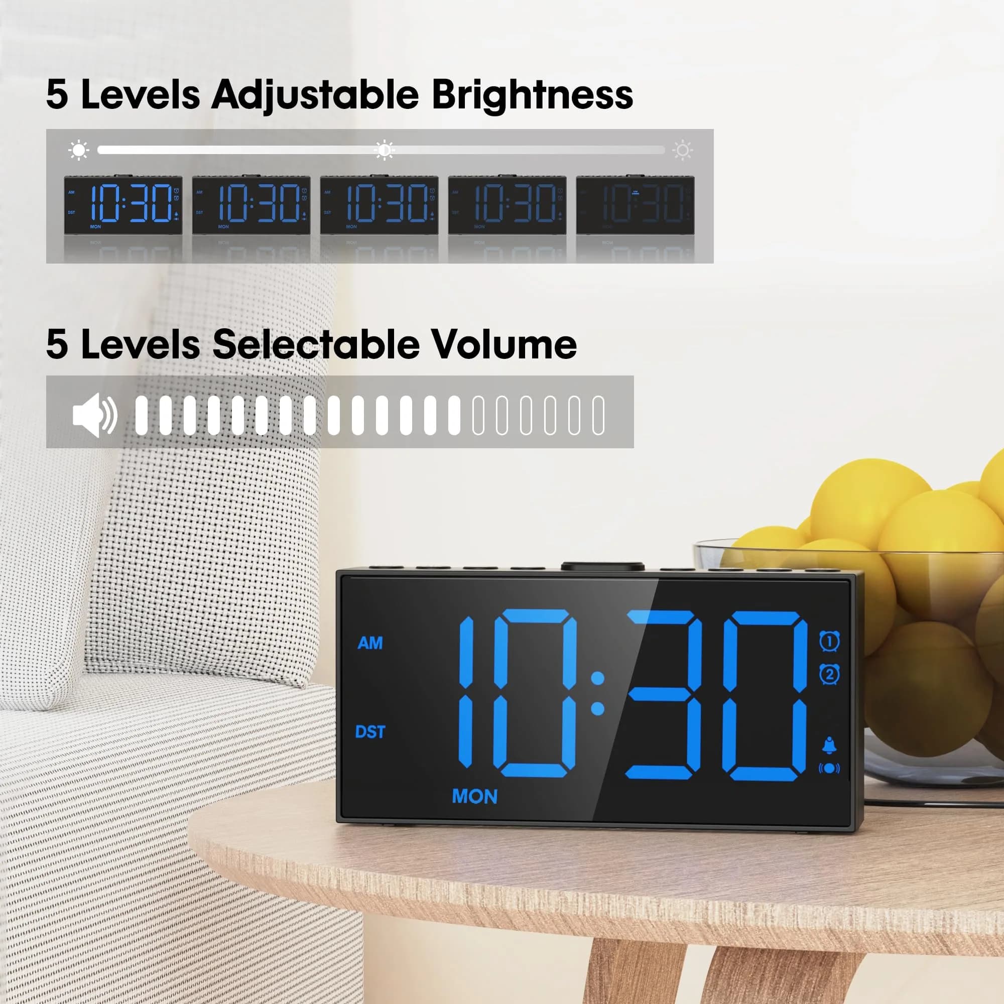 Mesqool Loud Alarm Clock with Bed Shaker & Dual Alarms, USB Port | 18.2 cm (7.5 inch) Display, Battery Backup - view 5