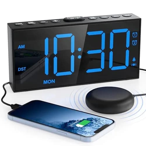 Mesqool Loud Alarm Clock with Bed Shaker & Dual Alarms, USB Port | 18.2 cm (7.5 inch) Display, Battery Backup thumbnail 1