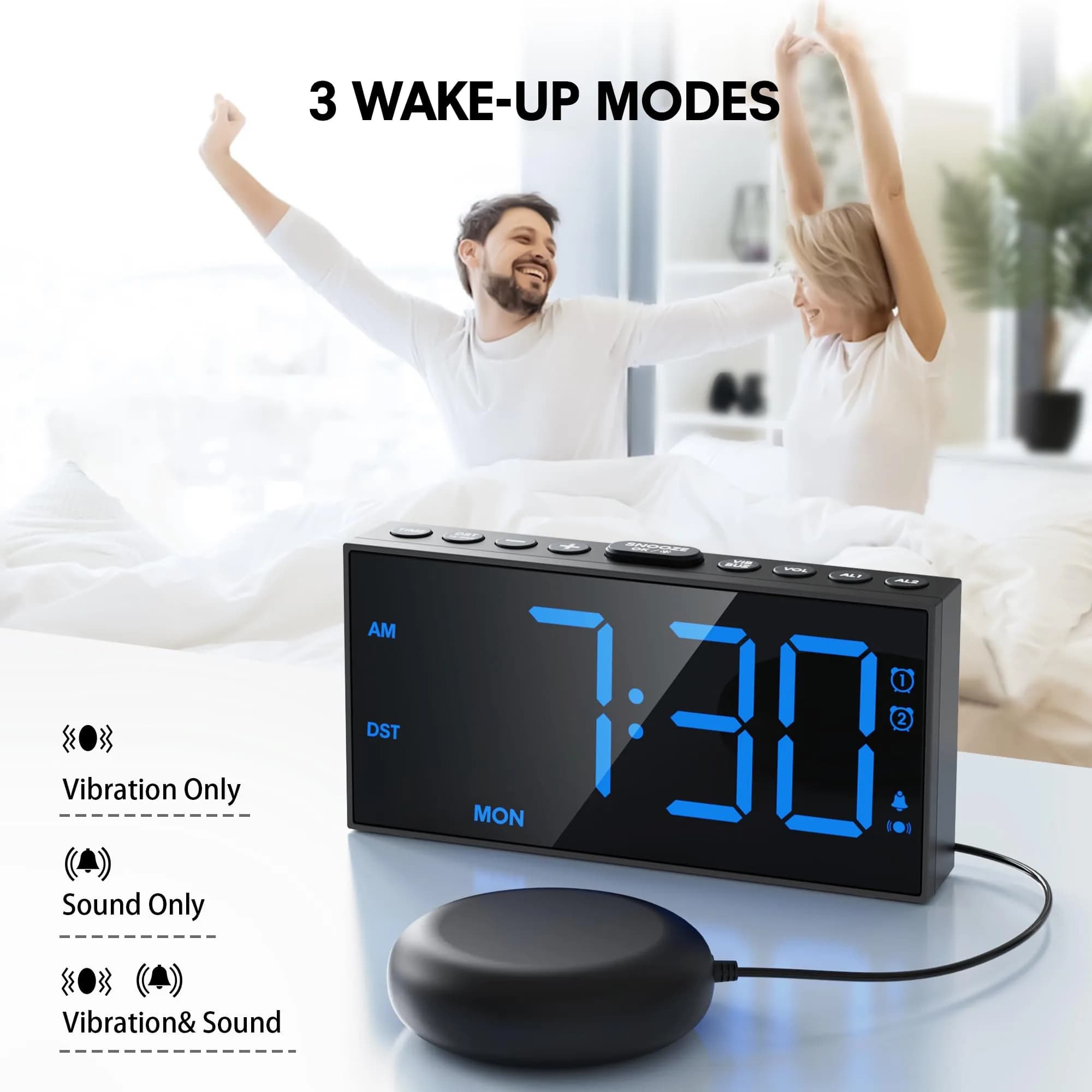 Mesqool Loud Alarm Clock with Bed Shaker & Dual Alarms, USB Port | 18.2 cm (7.5 inch) Display, Battery Backup - view 2