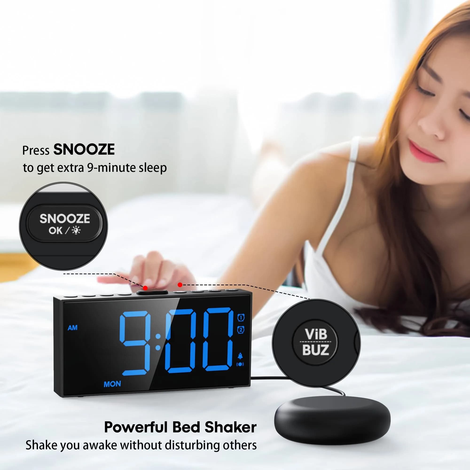 Mesqool Loud Alarm Clock with Bed Shaker & Dual Alarms, USB Port | 18.2 cm (7.5 inch) Display, Battery Backup - view 4